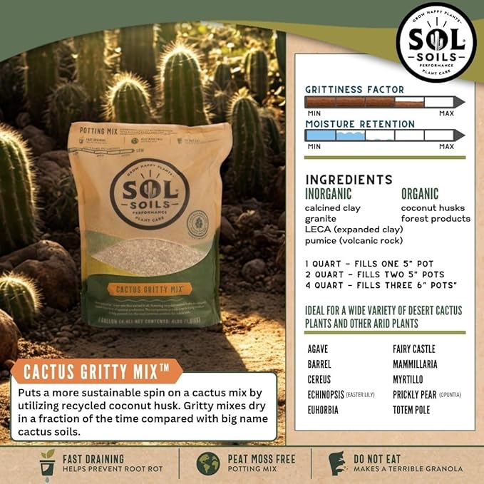 Sol Soils Cactus Gritty Potting Mix - Fast Draining, Peat Moss Free - 1 Gallon - Coconut Husk, Granite, Clay, Pumice