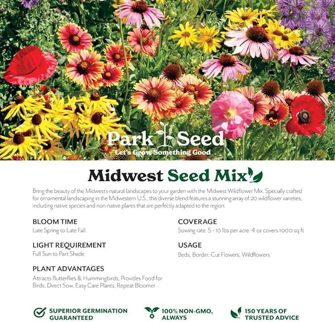 Park Seed Grow Your Own Vibrant Annual and Perennial Wildflower Garden Seeds Mixture, Easy to Grow Varieties for Pollinators and Spring Gardens - Midwest Regional Mix, 25 lbs