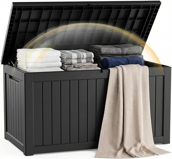 EFU Outdoor Storage Box 260 Gallon Deck Box (Indoor & Outdoor) Lockable UV Resistance Waterproof Resin Storage Bin Storage Box for Outdoor,Patio Storage With Support Rod(Black)