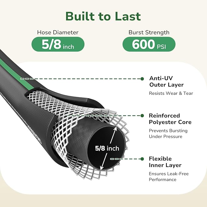 GreatBuddy Garden Hose 10ft, 5/8" Water Hose Heavy Duty, Flexible, Lightweight Hybrid Hose, Burst 600 PSI with Solid Brass Male to Female Fittings Leakproof Hose for Backyard, Garden