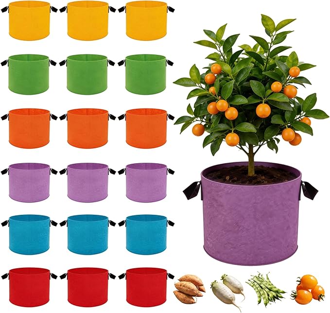 10 Gallon Grow Bags, 18 Pack Colorful Fabric Plant Pots with Handles Nonwoven Potato Grow Bags Plant Growing Containers for Indoor Outdoor Garden Fruit Vegetable Flower