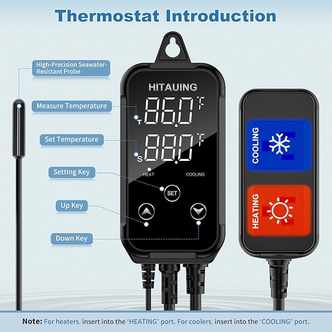 HiTauing Digital Temperature Controller, Aquarium Heater Reptile Thermostat Heating and Cooling Dual Outlet with Seawater-Resistant Probe for Fish Tanks, Reptile Tanks, Greenhouse & Seedling Mat