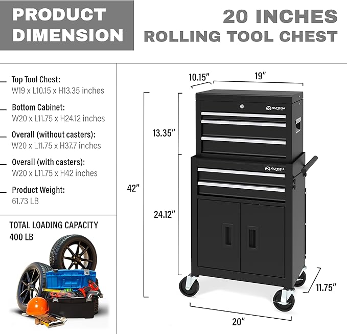 Olympia Tools 20-Inch Rolling Tool Cabinet with 5 Drawers - Mobile Tool Chest with Locking Storage for Garage and Workshop Organization