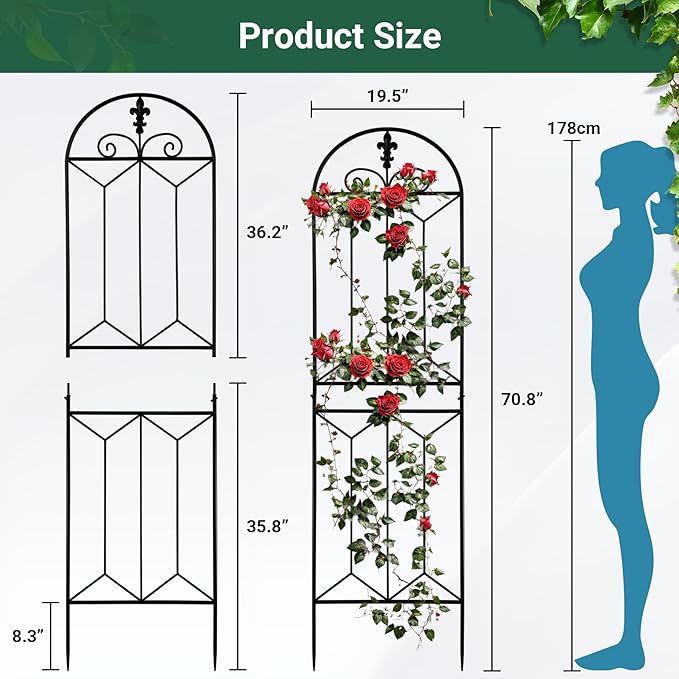 2 Pack 70.8" x 19.5" Metal Garden Trellis, Black Coated Rustproof Metal Trellis Outdoor, Trellis for Climbing Plants for Roses, Vine Cucumbers, Vegetables, Flower Support