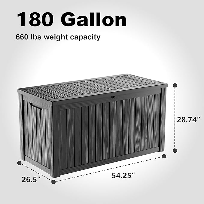 Vixzen 180 Gallon Resin Deck Box, Lockable Outdoor Storage Box for Patio Cushions Storage Furniture,Garden Tools, Pool Supplies, Weatherproof and UV Resistant（Black，180 Gallon）
