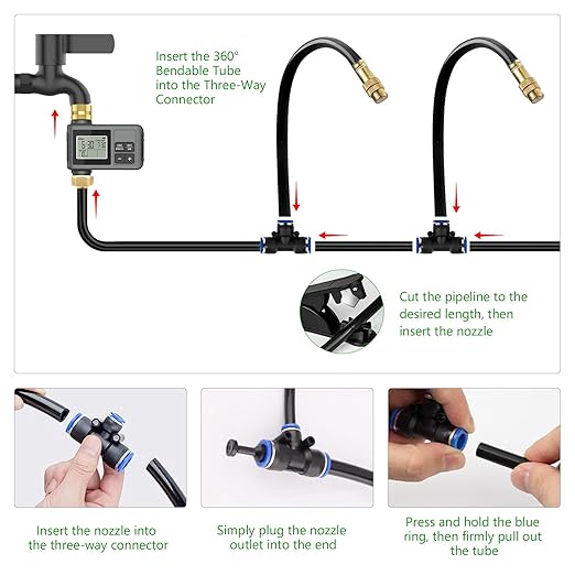 120 Ft Drip Irrigation System with Smart Water Timer – Automatic Garden Watering Kit with Solid Brass Metal Connectors, 360° Adjustable Nozzles & Bendable Tubing for Garden, Greenhouse & Lawn