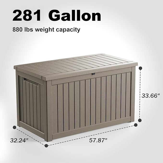 281 Gallon Large Resin Deck Box, Lockable Outdoor Storage Box for Patio Cushions Storage Furniture,Garden Tools, Pool Supplies, Weatherproof and UV Resistant (Grey)
