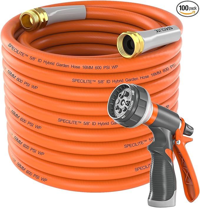SPECILITE Garden Hose 100 ft x 5/8 in Heavy Duty, Flexible and Kink Resistant, All Weather Water Hose with 3/4" Solid Brass Fittings - for Backyard, Lawn, Car Washing & Outdoor Cleaning