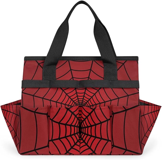 Gardening Tool Bag,Heavy Duty Garden Tote Bag,Portable Oxford Gardening Storage Basket Organizer Handbag with Pockets Handle,Hand Tools Gifts for Outdoor Garden Lawn Spiders Web Red