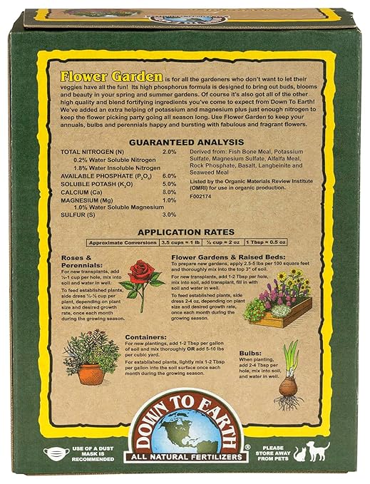 Down To Earth All Natural Fertilizers Organic Flower Garden - Plant Food for Blooming Annuals, Perennials and Flowering Shrubs 2-6-5, 5 lb