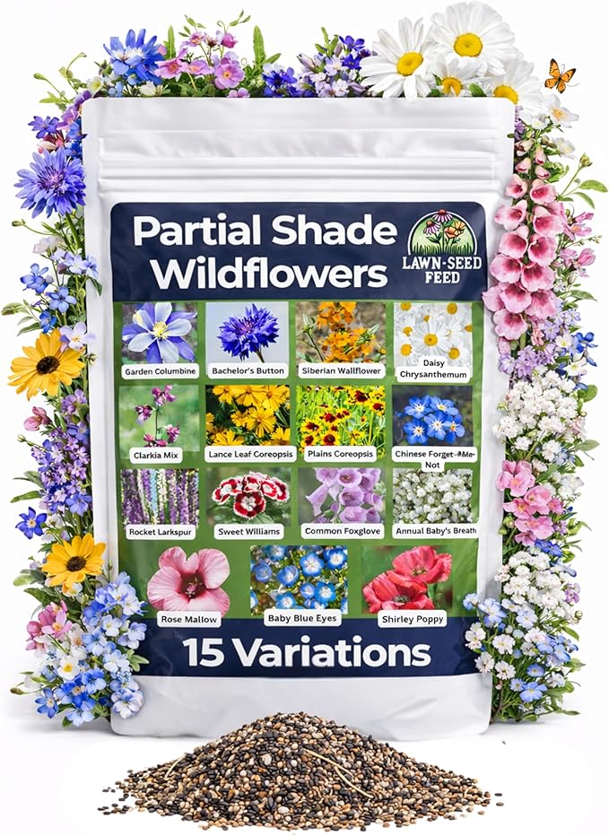 Partial Shade Wildflower Mix Seed (1oz) – Shade-Loving Wildflowers that Produce Vibrant Blooms in Low-Light Areas and Dappled Sun. Perfect for Yards, Garden beds, Fence Lines, and Woodland Edges.