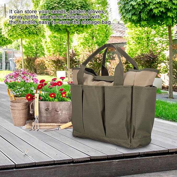 Ymiko Multifunctional Sturdy Durable Portable Garden Tool Storage Bag Oxford Fabric for Gardening Enthusiasts Green Khaki 34.3x17.2x30.5cm