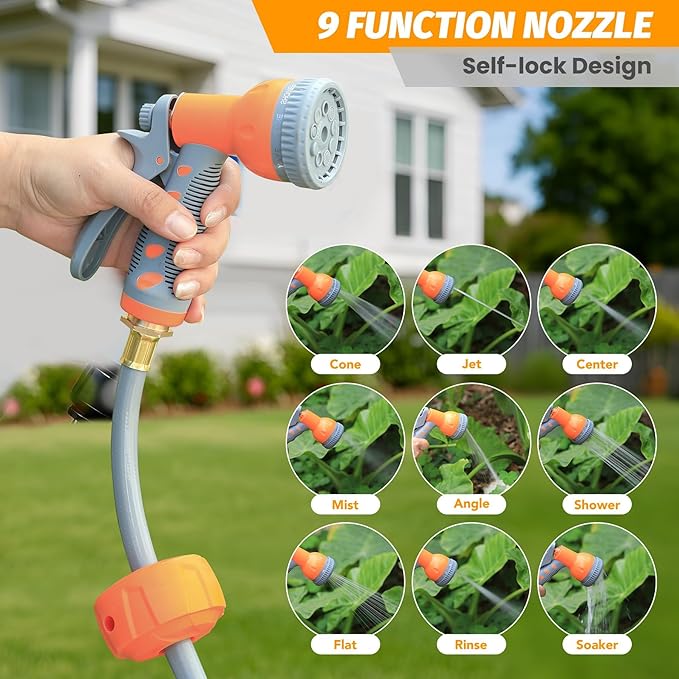 Retractable Garden Hose Reel, 5/8 in x 65 ft Wall Mounted Water Hose Reel with 9 Function Sprayer Nozzle, Any-Length Lock, Automatic Slow Rewind System, 180° Swivel Bracket for Yard, Garden, Outdoor