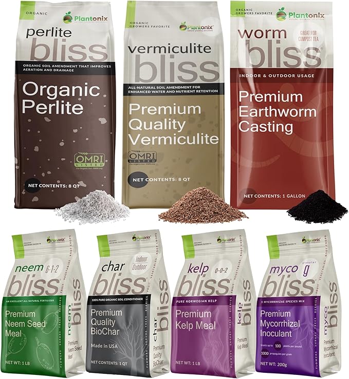 Plant Fertilizer & Potting Soil Mix Bundle - Perlite + Vermiculite + Mycorrhizal Fungi Inoculant + Worm Castings + Biochar + Kelp Meal + Neem Seed Meal - Organic Fertilizers for Plants & Gardening