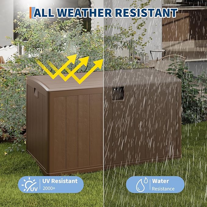 GarveeLife 130 Gallon Outdoor Storage Box, Large Resin Deck Box with Hydraulic Air Rod, Weatherproof & Lockable Outdoor Storage Bin for Patio Cushions, Garden Tools, Pool Supplies, Porch, Brown