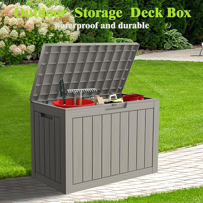 Outdoor Storage Box Deck Box, 50 Gallon Waterproof Deck Boxes, Package Delivery Boxes for Outside, Resin, Lockable Patio Storage Bins for Garden Tool, Cushion, Pool, Porch, Weatherproof & UV-Resistant