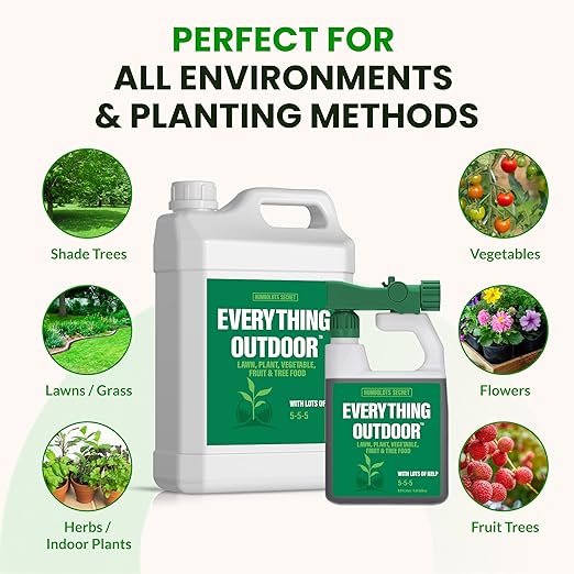 Humboldts Secret Everything Outdoor Plant Food | 5-5-5 Liquid Fertilizer with Norwegian Kelp | All Purpose Lawn, Vegetable & Fruit Food | Garden Nutrients | Refillable Hose End Bottle | 32 Ounce