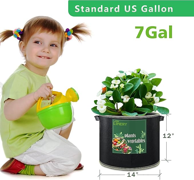 LINERY Planting Bag Black Heavy Duty Thickened Large Capacity Upgrade Hemming Process Grow Bag with Handles Non-Woven Fabric Plant Pots (10-Pack 7 Gallon)