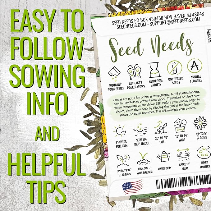 Seed Needs Crazy Zinnia Seeds 15+ Varieties Specialty Blend | 5,000+ Seeds Zinnia Elegans Open Pollinated | Includes California Giants, Candystripe & State Fair Species | Bulk