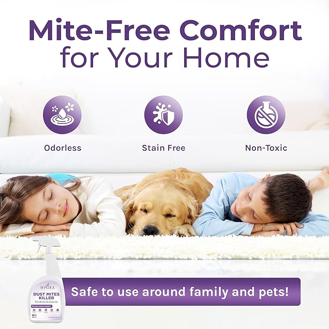 Hygea Natural Dust Mite Spray - Eliminates Dust Mites, Carpet Mites, Rodent Mites, Bird & Scabies Mites - Pet & Child Friendly - 24oz (unscented)