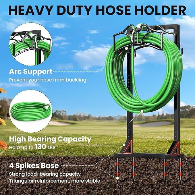 Garden Hose Holder Stand, Freestanding Heavy Duty Metal Organizer with Tool Hooks, Holds up to 150FT Hose, Easy Assembly, No Drilling, for Yard, Lawn, Garden, Patio & Backyard (Black-European)
