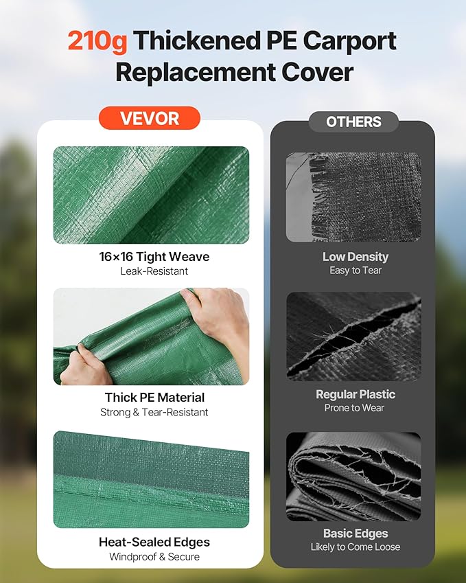 VEVOR Carport Replacement Canopy, 10 x 20 ft Potable Garage Tent Top Tarp, UV-Resistant & Waterproof Car Shelter Tarp, Heavy Duty Car Port Cover with Ball Buggees, Dark Green, Frame Not Included
