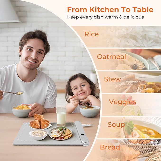 Warming Mat for Food Small Warming Tray with 6 Temp & 6H Timer, 300W Full Surface Heating, Waterproof Foldable Hot Plate for Countertop, Apartment/Dorm Use, New Light Gray