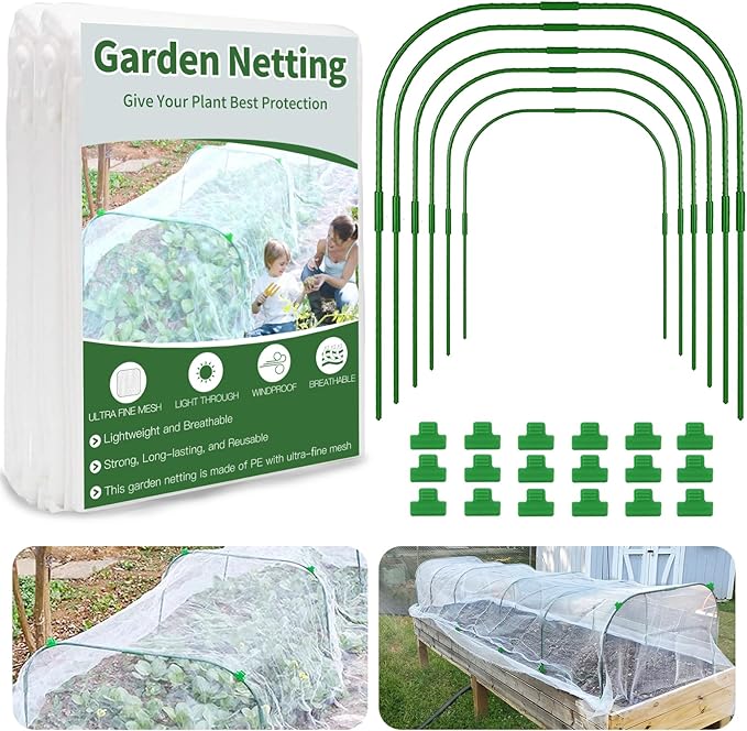 Garden Netting Kit for Raised Bed, 8X20FT Ultra Fine Mesh Netting with 6 Sets Garden Hoops & 18pcs Clips, Reusable Plant Row Cover Bird Netting for Garden Protection
