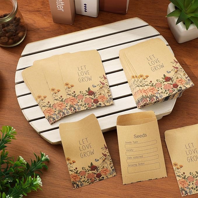 50Pcs Wildflower Seed Packets Let Love Grow Self-Adhesive Kraft Envelopes Rustic Floral Seed Storage Pockets for Garden Office Party Favors Supplies, 3.15 x 2.4 Inch