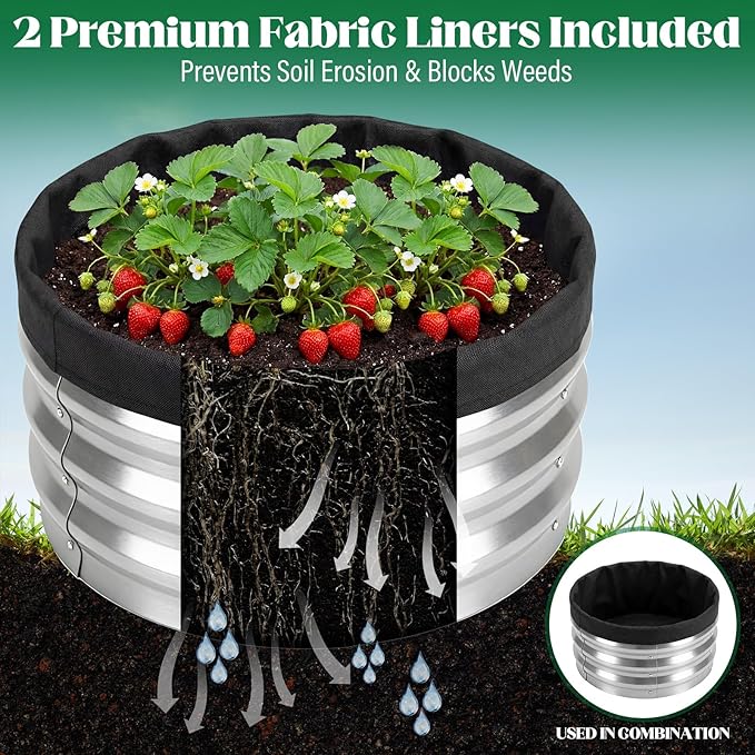 Round Metal Raised Garden Bed 2 Pack with Fabric Liners, 2 ft × 2 ft × 1 ft, Outdoor Planters for Backyard, Patio & Garden (Silver)