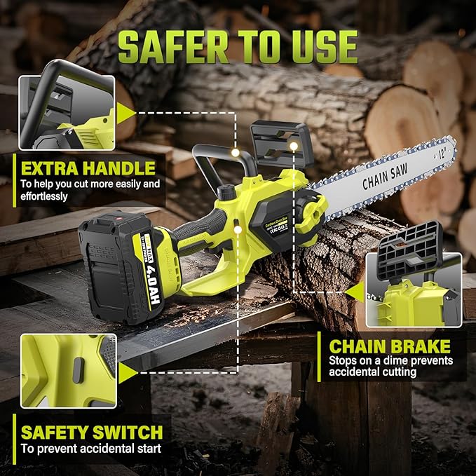 12 In Electric Chainsaw Cordless, 20V Battery Chain Saw with 2x4.0Ah Li-ion Batteries, 2 x Chains, with Tool-free Chain Tension, Auto Oiling for Wood Cutting, Tree Trimming and Branch Pruning