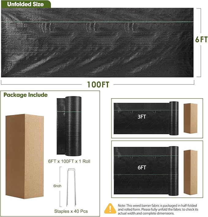 HongWay 6FT x 100FT Weed Barrier Landscape Fabric, Weed Control Weed Blocker Fabric Heavy Duty with 40 U-Shaped Stakes, Ground Garden Bed Cover Woven Geotextile Fabric for Underlayment, Driveway