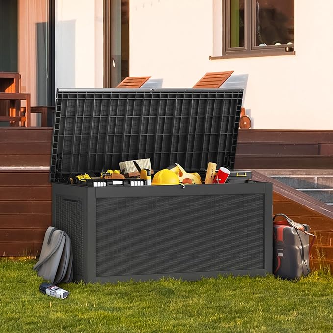 Vixzen 320 Gallon Resin Deck Box, Lockable Outdoor Storage Box for Patio Cushions Storage Furniture,Garden Tools, Pool Supplies, Weatherproof and UV Resistant(Black，320 Gallon