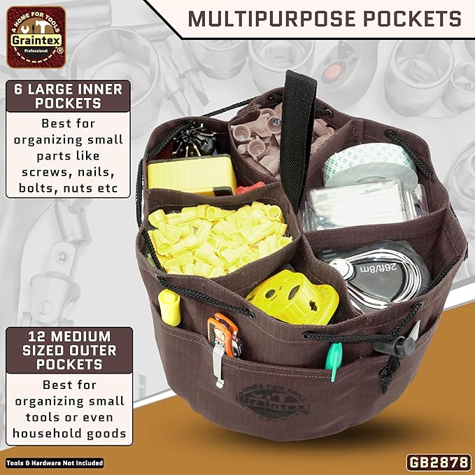 Graintex 18 Pockets Grab Bag Rip-stop Canvas Drawstring Closure, Small Part Organizer Pouch, Small Tools, Screws, Parts, Parachute Tool Bag for Efficient Storage - Coffee Brown