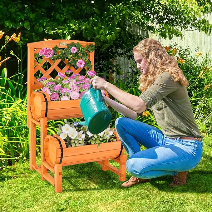 Giantex Raised Garden Bed with 2 Barrel Planters & Trellis, 2-Tier Freestanding Wooden Raised Bed for Vegetable Flower Fruit, Indoor Outdoor Plant Box for Garden Yard Balcony