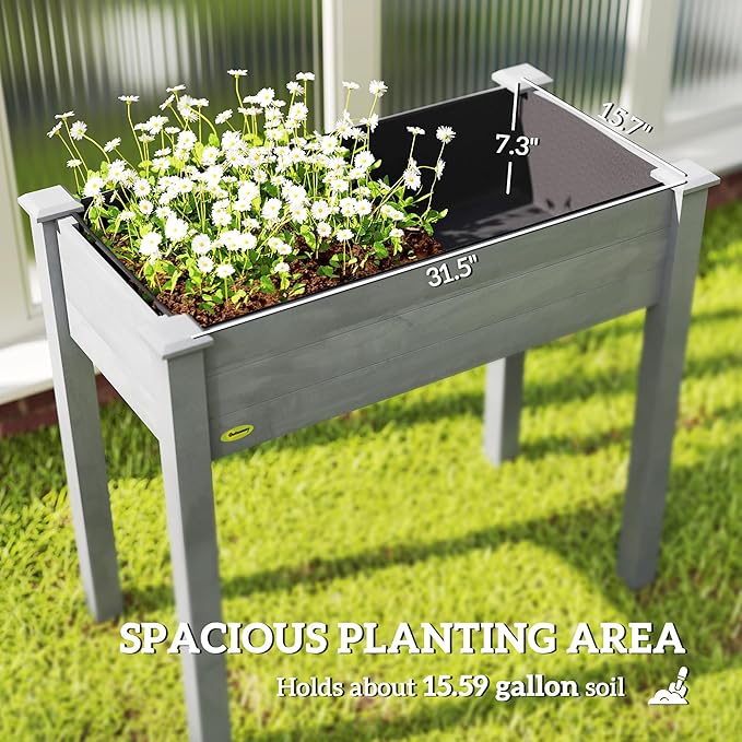 Outsunny Raised Garden Bed with Legs, 34" x 18" x 30", Elevated Wooden Planter Box, Self-Draining with Bed Liner for Vegetables, Herbs, and Flowers Backyard, Patio, Balcony Use, Dark Gray