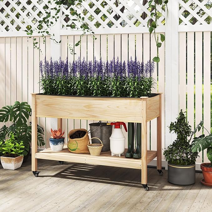 Giantex Mobile Raised Garden Bed, Wood Planter Box with Wheels, Storage Shelf & Liner, 47”x23”x33” Rolling Raised Bed for Indoor Outdoor Plants, Vegetables Flower Herbs Fruit Gardening