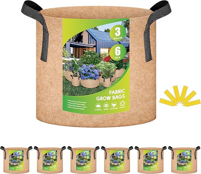iPower Grow Bag 3 Gallon 6-Pack Heavy Duty Plant Pots, 300g Thick Nonwoven Fabric Containers Aeration with Nylon Handles, for Planting Vegetables, Fruits, Flowers, 2024 Version Tan