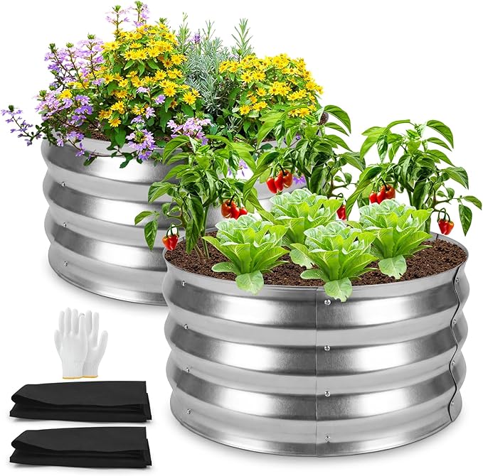 Round Metal Raised Garden Bed 2 Pack with Fabric Liners, 2 ft × 2 ft × 1 ft, Outdoor Planters for Backyard, Patio & Garden (Silver)