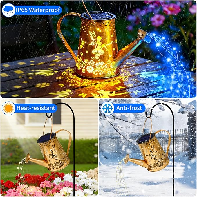 YJFWAL Solar Watering can with Lights, Gardening Gifts for Mothers Day Mom Grandma Women Birthday, Waterproof Watering Can with Cascading Lights Outdoor Decor for Garden Patio Yard Pathway (Blue)