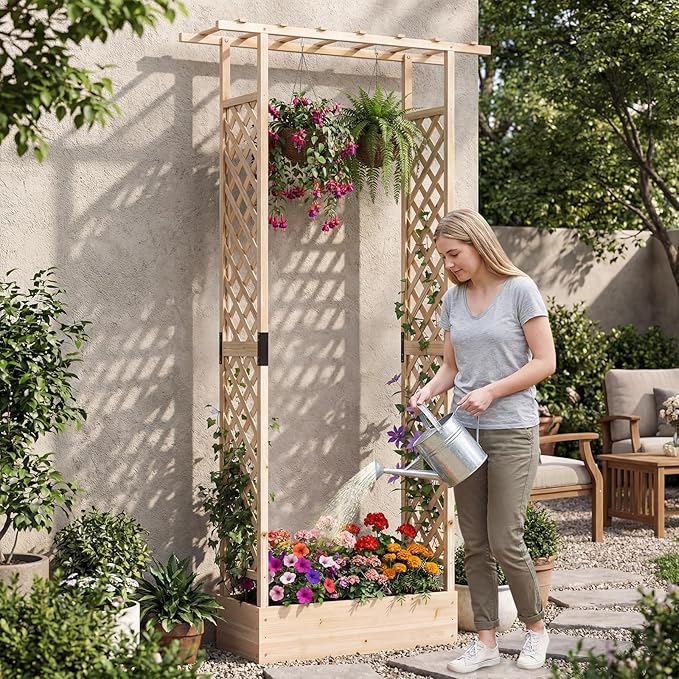 S AFSTAR Raised Garden Bed with Trellis, 2-in-1 Fir Wood Planter Box with Flat Roof & Drainage Holes, Vertical Planter Raised Bed for Climbing Plants, Flowers & Vegetables, 43" x 14" x 89" (Natural)
