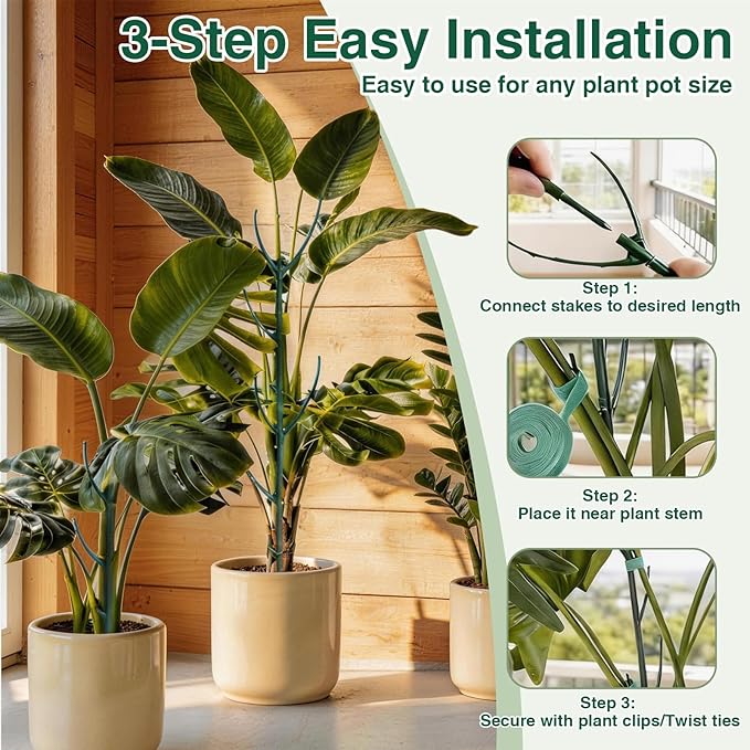 8 Pack Stackable Monstera Plant Support Stakes,8Pcs 11 Inch Climbing Plant Sticks Structures with Garden Ties, Durable Alternative to Moss Pole for Indoor Outdoor Plants