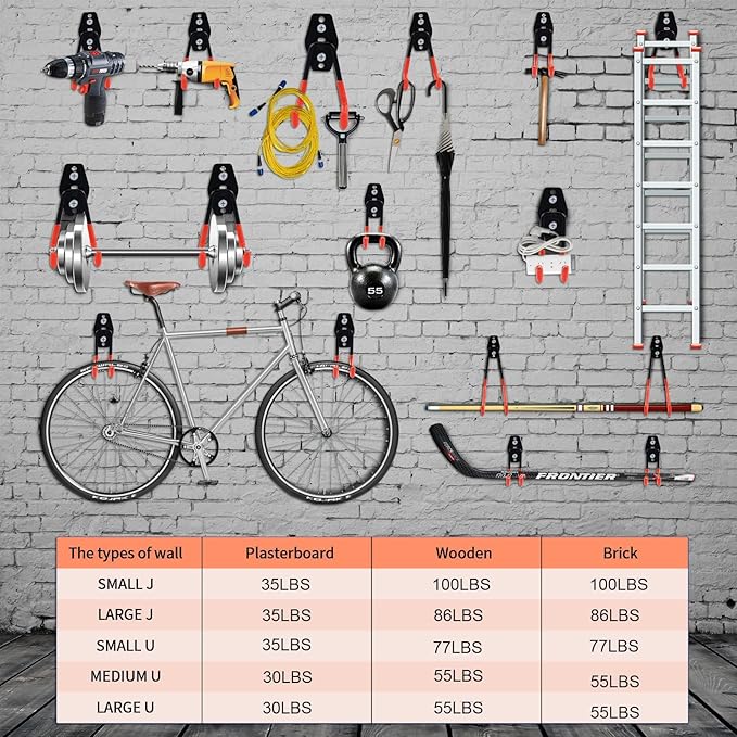 28 Pack Garage Hooks Heavy Duty, Industrial Wall Mount Garage Storage Hooks for Hanging Bike, Ladder and Garden Tools, Organization System with Mop Broom Holders, 100 LBS Capacity, Orange