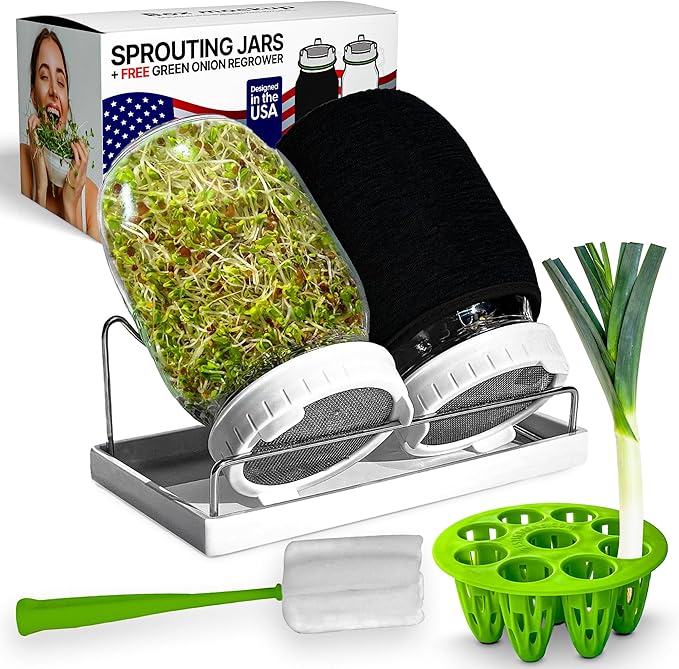 Premium Seed Sprouting Kit & Green Onion Regrower – 2 Wide-Mouth Mason Jars with Sprout Lids, Stainless Stand, Drain Tray, Blackout Sleeves & Cleaning Brush for Broccoli, Alfalfa & Mung Beans