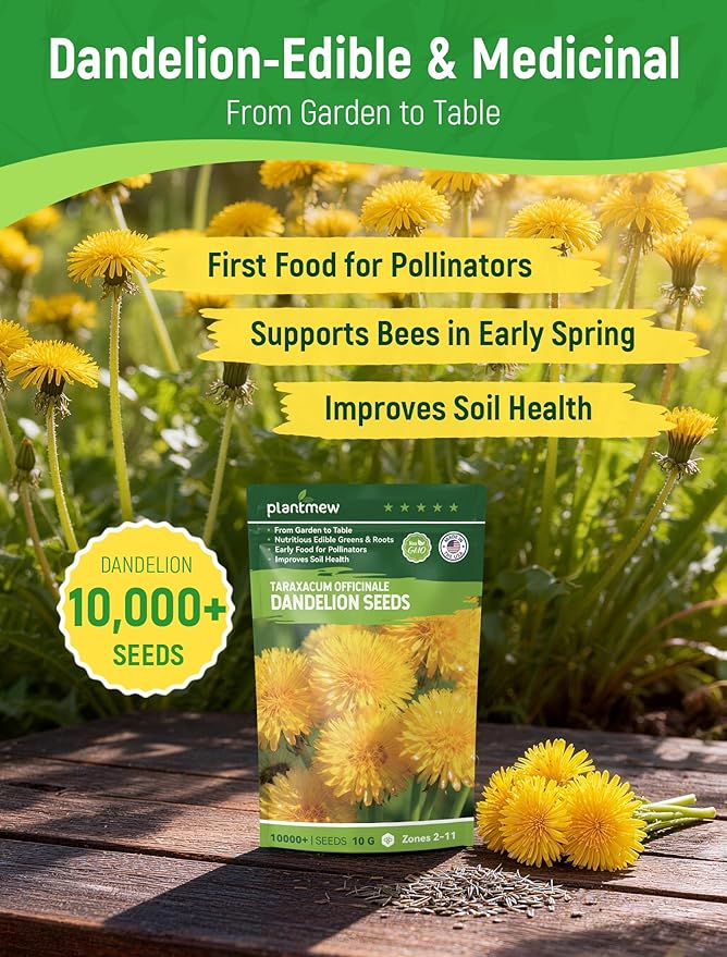 Dandelion Seeds for Planting - 4,000+ Heirloom Dandelion Herb Seeds (Taraxacum officinale), Edible Leaves Flowers Roots, Medicinal Garden, Pollinator-Friendly, Non-GMO