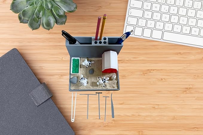 Yippeemaker - Cow Farm Zen Garden Desk Organizer Pencil Holder Sand Garden DIY Kit Gifts for Him Her Office Decor Fun Therapy Made in USA Sand Included