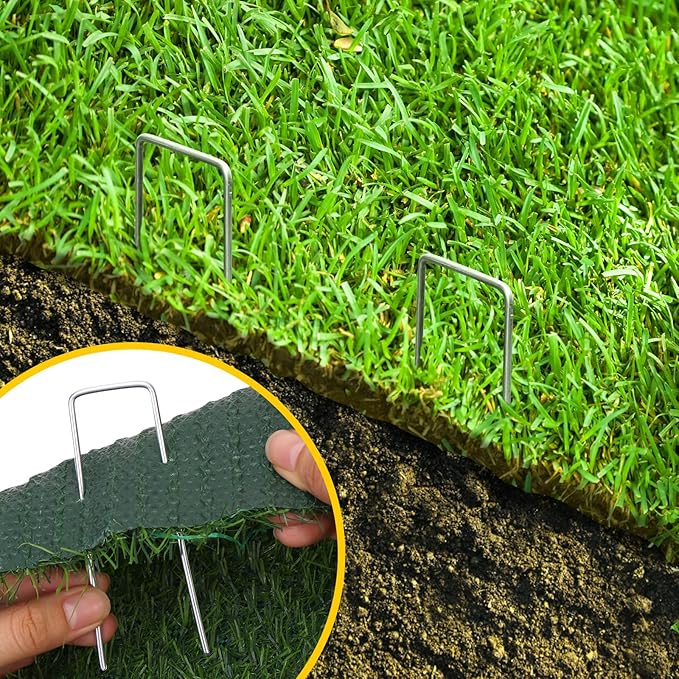 CEWOR 50 Pack Landscape Staples 4 Inch, Galvanized Garden Stakes 12 Gauge U-Shaped SOD Pins Yard Ground Staples for Landscaping Fabric, Plant Cover, Lawn, Turf, Irrigation Tubing Hose