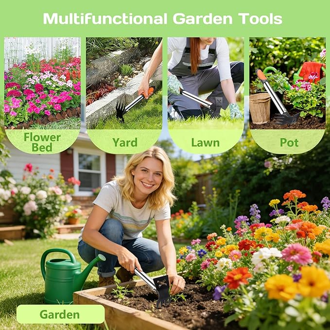 Upgraded 17" Weed Puller Tool, Portable Garden Weed Pulling Tool for Weeding Uprooting Planting, 2 in 1 Hoe & 4 Teeth Rake Manual Weeder, Durable Weed Remover Gardening Hand Tools for Yard Lawn Farm