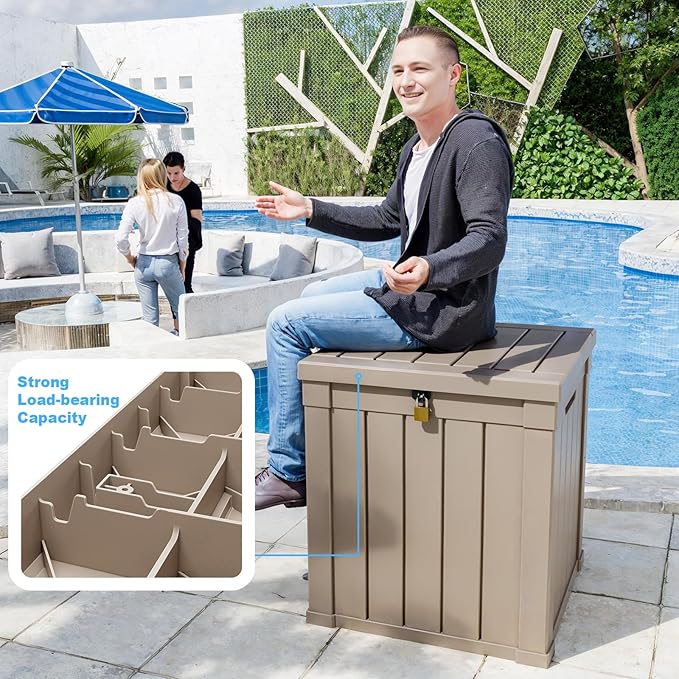 Vixzen 50 Gallon Resin Deck Box, Lockable Outdoor Storage Box for Patio Cushions Storage Furniture,Garden Tools, Pool Supplies, Weatherproof and UV Resistant（Grey，50 Gallon）