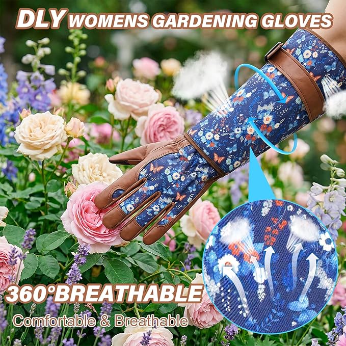 DLY Gardening Gloves for Women, Rose Gloves Thorn Proof, Long Garden Gloves for Women, Breathable Cowhide (X-Large, Brown)